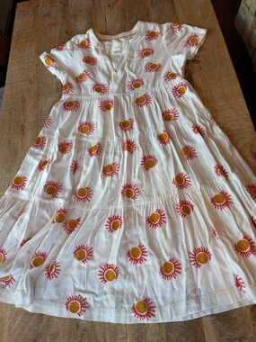 Maeve White Midi Dress with Yellow & Pink Sun Motifs
